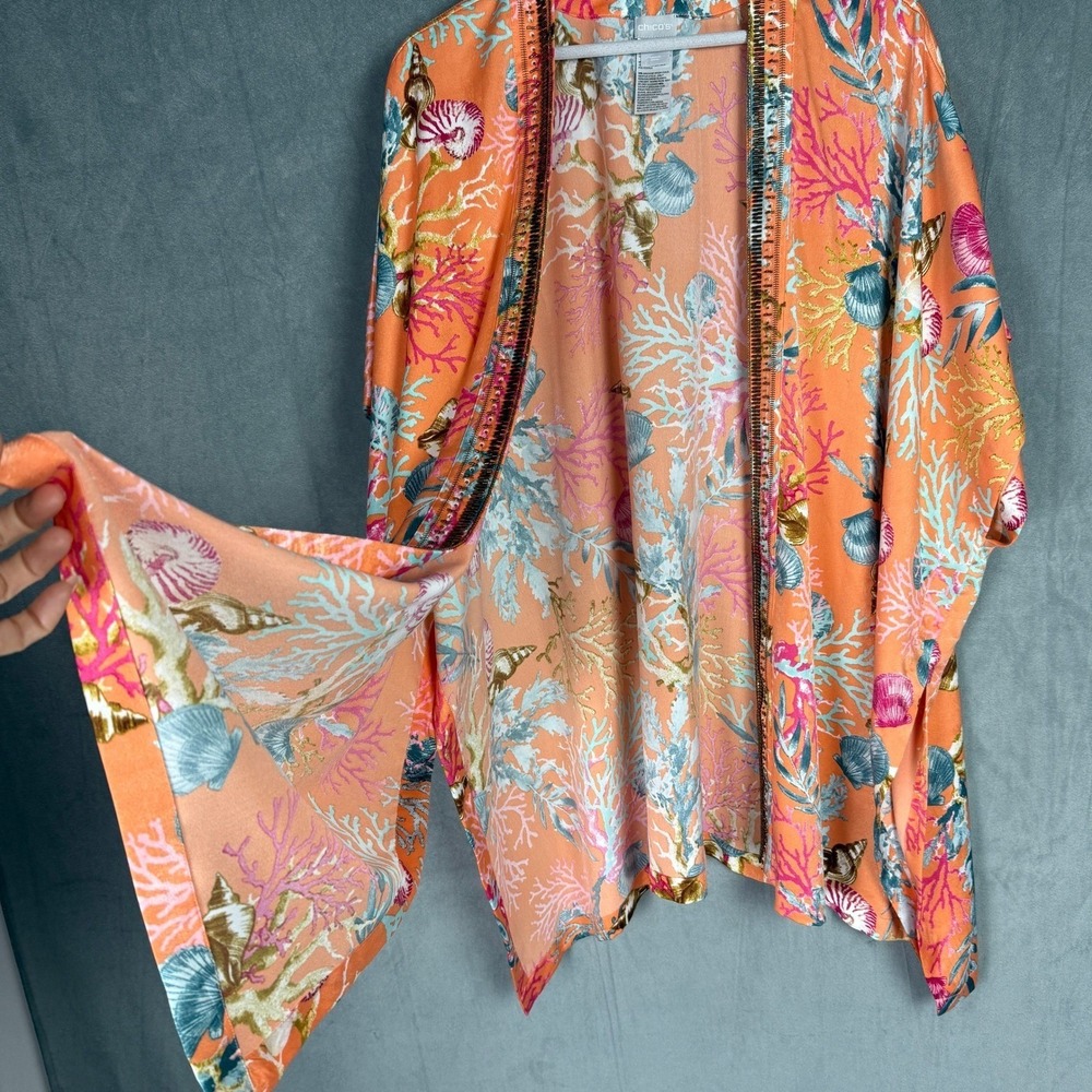 Chicos Open Kimono Slip Orange L/XL Seashell Print Beaded Bright Vacation Beach - Picture 5 of 16